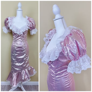 1980s Vintage Loralie Pink Metallic Dress / 80s Lame Puffed Sleeve Lace Trim Mermaid Dress / XS - Small 