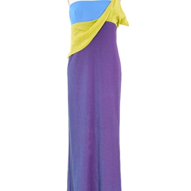 1997 Gianni Versace Colorblock Iridescent One Shoulder Gown