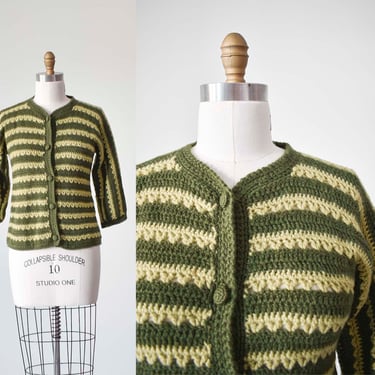 Vintage Hand Knit Cardigan Sweater / Italian Knit Sweater / Green Striped Wool Cardigan / Vintage Green Striped Cardigan Sweater Small 