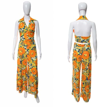 1970's Orange and Multicolor Floral Printed Halter and Flared Pant Two Piece Set Size S/M
