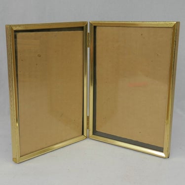 Vintage Hinged Double Picture Frame - Gold Tone Metal w/ Glass - Holds Two 5