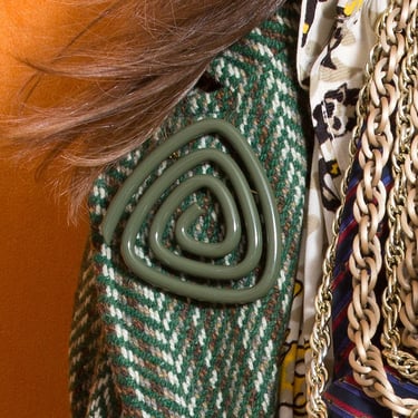 Large Statement Vintage 70s 80s Olive Green Spiral Art Piece Brooch 