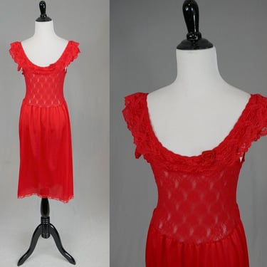 80s Red Nightgown - Sexy Sheer See Through Lace Bodice - Stroke of Midnight - Vintage 1980s - M L XL 