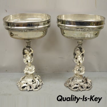 French Rocco Style Silver Plated Cherub Dome Centerpiece Fruit Bowls - a Pair