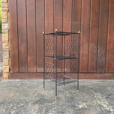 1950s Vintage Brass Balled Telephone Stand Wire Atomic Perforated Tiered Side Table Plant Stand 