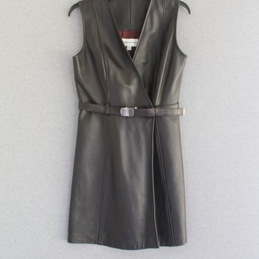 Leather Wrap Dress - Clean Lines - Dark Brown - by Jackie Bernard - Marked size 6 