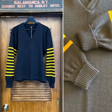 Vintage 1960’s Wool Athletic Varsity Multi-Stripe V-Neck Sweater, 60’s Vintage Clothing 