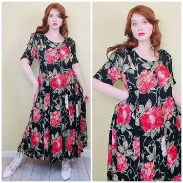 1990s Vintage Nostalgia Rayon Crinkle Broomstick Skirt Dress / 90s Black and Red Rose Grunge Maxi Dress / Size Medium - XL 