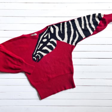 red wool sweater 80s vintage Surrey Classics zebra novelty print sweater 