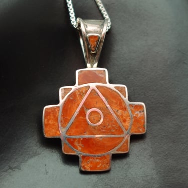 80's 950 silver spiny oyster sacred geometry pendant, orange & silver geometric cross necklace 