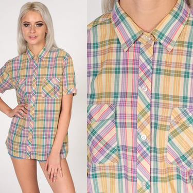 Checkered Blouse 80s Button Up Shirt Yellow Purple Green Plaid Print Retro Preppy Short Sleeve Collared Top Chest Pocket Vintage 1980s Small 