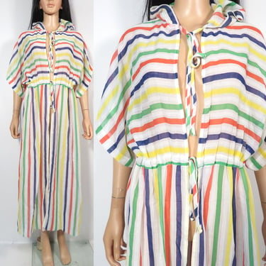 Vintage Striped Swim Coverup Beach Maxi Dress Hooded Duster Size One Size Fits Most 
