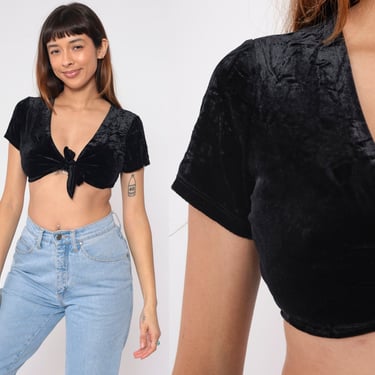 Black Velvet Crop Top 90s Tie Front Blouse Cropped Shirt Party Festival Going Out Summer Sexy Goth Short Sleeve Vintage 1990s Extra Small xs 