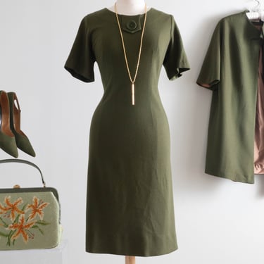 Fabulous Late 1950's Clara Lura Olive Green Knit Three Piece Ensemble / Large