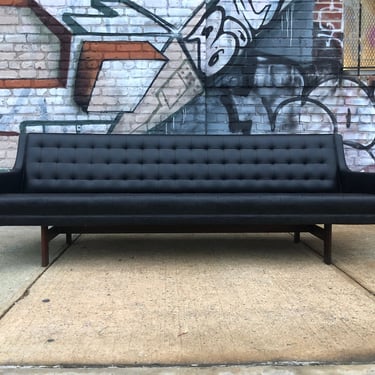 Midcentury Black faux Leather Vinyl Patrician vintage low long sofa couch style of knoll milo baughman 
