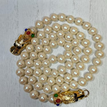 Les Bernard Faux Pearl Necklace with Panther Heads 