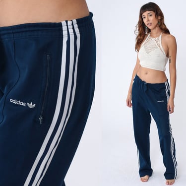 Adidas Track Pants 80s Gym Jogging Running Navy Blue Striped Track Suit 1980s Sports Vintage Retro Streetwear Athletic Large L 