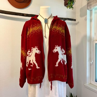 Vintage Hand Woven Red Horse Hooded Zip Up Wool Blend Sweater Jacket Size M 