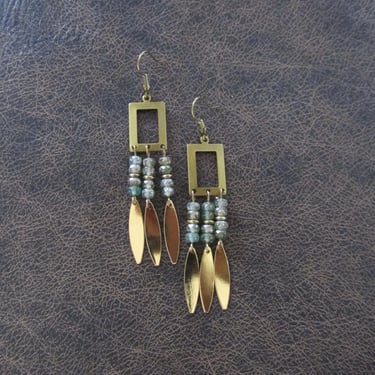 Crystal chandelier earrings, sea green and brass earrings 