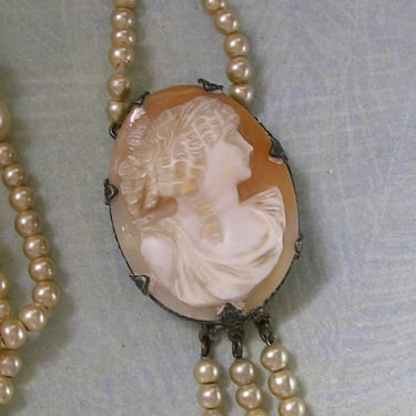Antique Sterling Silver and Faux Pearls Cameo Necklace, Old Carved Cameo Necklace With Woman, Antique Silver Cameo Necklace (#4378) 