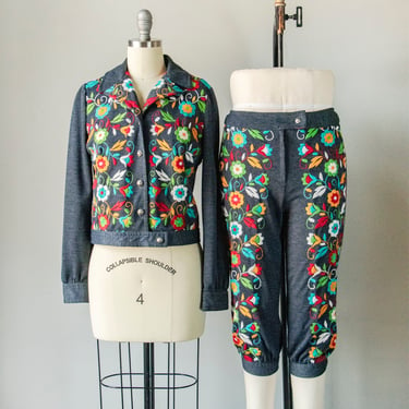 1970s Ensemble Embroidered Jacket Pants Set S 