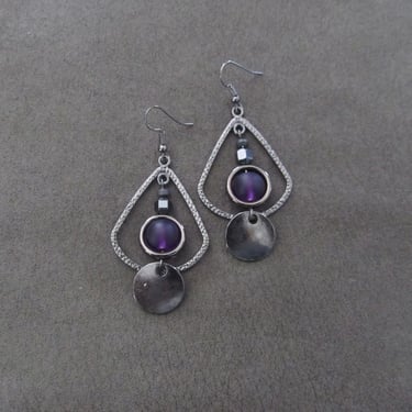 Gunmetal teardrop hoop and purple frosted glass earrings 