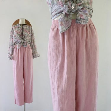 petal lounge trousers 28-32 - vintage womens 90s y2k light pink textured comfortable casual pants 