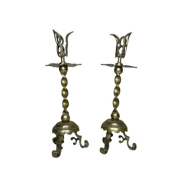 Antique Solid Brass Twist Candlestick Holders, Pair 