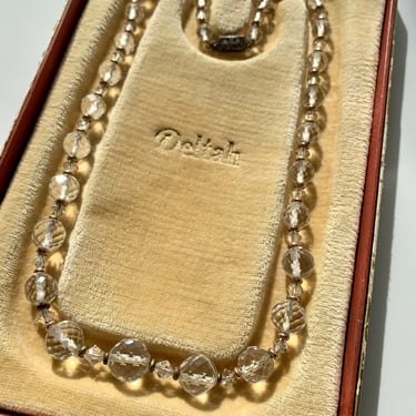 1930's-40's Crystal Necklace - Graduated Clear Crystals Strung with Brass Seed Beads - Original Box - 18 inch 