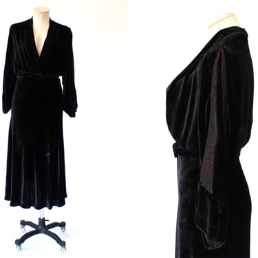 1930s Original Design Registered by a Member of Fashion Originators - Bias Cut Silk Velvet Plunge Neck Belted Tea Length Dress - Large 