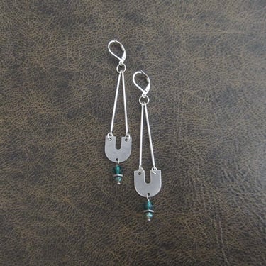 Long crystal and silver earrings, mid century modern earrings, minimalist earrings, simple unique artisan earrings, teal gypsy earrings 