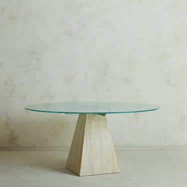 Travertine Dining Table with Frosted Glass Top, Italy 1960s