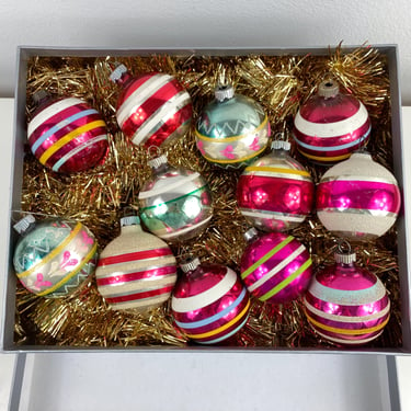 Vintage Shiny Brite Assorted Ornaments, 2, 3 & 4 Stripe Rounds Glass ornaments, Mica Snow, Pink, Purple, Gold, Silver, Red Rare Christmas 