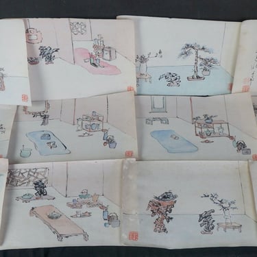 Antique Japan sketch ink and watercolor paintings tea room Sencha 1890 