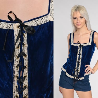 Velvet Corset Top 60s Dark Blue Lace Up Ribbon Shirt Sleeveless Victorian Peplum Blouse Sixties Formal Party Cocktail Vintage 1960s Small 