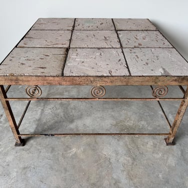 Vintage Organic Metal Coffee Table with Limestone Tile Inserts 