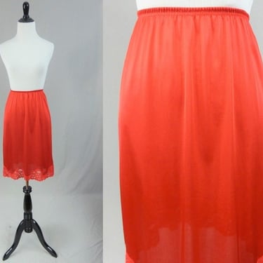 80s Red Skirt Slip - Nylon Lace Trim - Vanity Fair Half Slip - Vintage 1980s - XS Long 