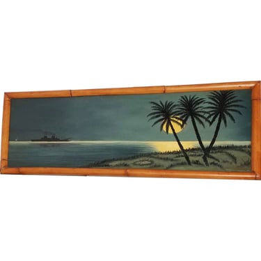 Hawaiian Oil on Canvas Ocean Liner Full Moon Island Scenic Landscape in Rattan Frame 
