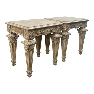 Exquisitely Carved Painted Neoclassical French End Tables With Rustic Finish 