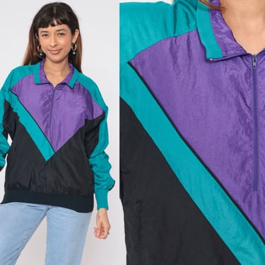 90s Windbreaker Color Block Quarter Zip Jacket Black Teal Purple Striped Nylon Pullover Warmup Retro Sporty Streetwear Vintage 1990s Medium 