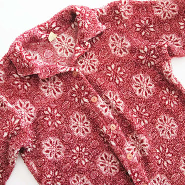 Vintage 90s Fleece Jacket M - Muted Red Snowflake Pattern Teddy Bear Jacket -  Faux Shearling Collared Button Up Jacket Cozy Holiday Winter 