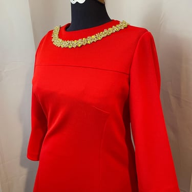 Red Dress 1960s Vintage Mod A Line Gold Trim Rhinestones Cocktail Party L XL 