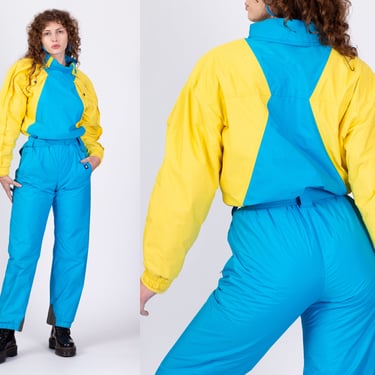 90s Neon Blue Yellow Ski Suit - Small to Petite Medium | Vintage Color Block Winter Outerwear Jumpsuit One Piece Snow Gear 