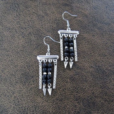 Black lava rock and silver chandelier earrings 