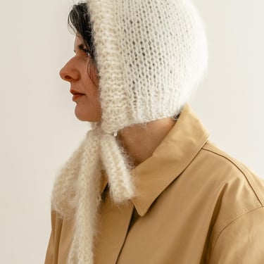 Chunky Mohair Bonnet, Adult Womens Knit Bonnet, Bow Tie Bonnet with Ribbons, Fluffy Mohair Hood, Soft Knit — The Brushed Mohair Bonnet 