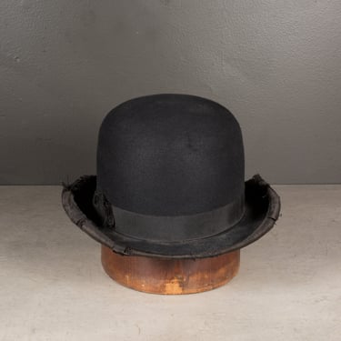Antique Wool Bowler Hat with Leather Trim c.1920-1940
