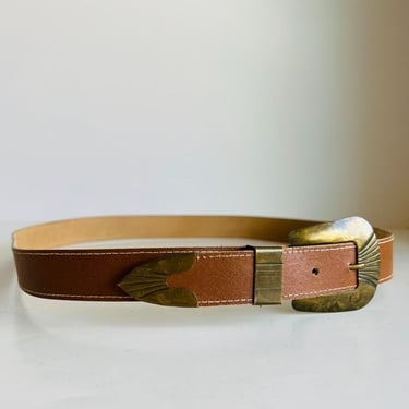 Vintage 90s USA Made Tan Vegan Leather Brass Southwestern Buckle Belt - M 