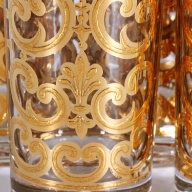 Georges Briard vintage glassware, 6 Gold Spanish scroll highball collins glasses, Retro MCM Christmas barware gift set 