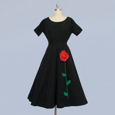 1950s Dress / 50s 3D Rose Dress / Princess Seam Nipped Waist 