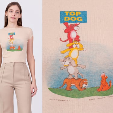 70s Top Dog Cartoon Crop Top Tee - Extra Small | Vintage Ribbed Novelty Graphic Cropped T Shirt 